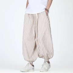 HEARUJOY  -  Men Casual Harem Pants Man Stripe Loose Jogging Pants Male Streetwear Cotton Linen Trousers Man Harajuku Wide Leg Pants
