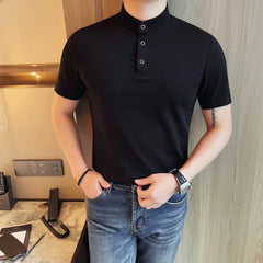 HEARUJOY  -  Men's 65% Cotton Henley Collar Short Sleeve Polo Shirt  Summer Solid Color Stand Neck Tee, Versatile Casual & Smart Styling