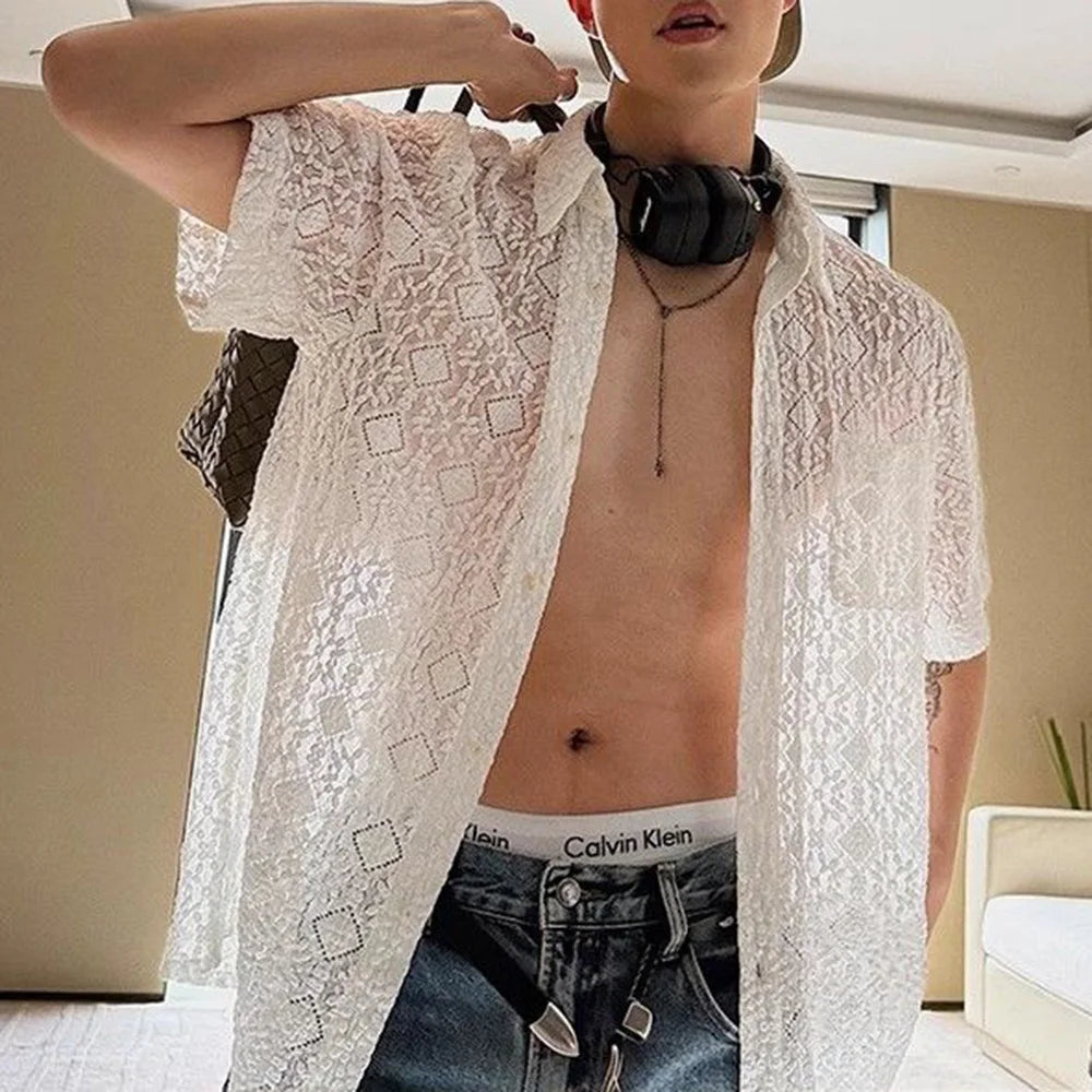 HEARUJOY  -  Mens Shirt Lace See-Through Transparent Geometric Shirt Summer Beach Vacation Hawaiian Slim Short Sleeve Top Men'S Clothing