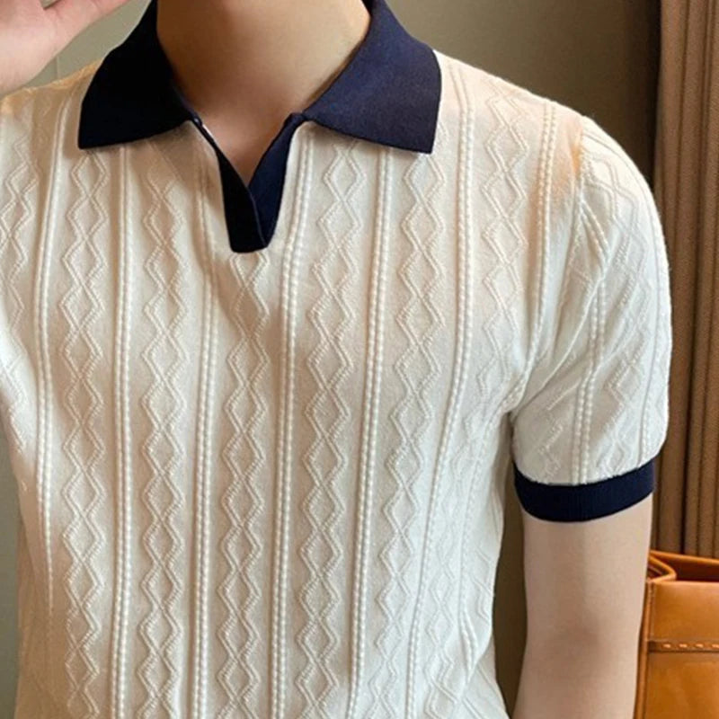 Hearujoy Summer Men's Clothing Light Luxury Korean Popular Jacquard Polo Shirt Leisure V Neck Short Sleeve Patchwork Retro Knitwear