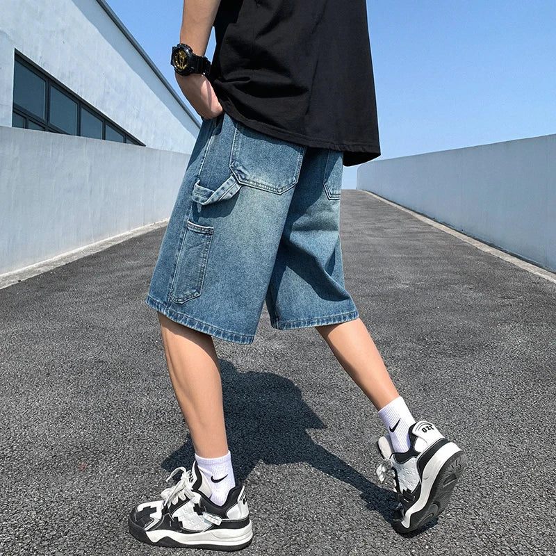 Hearujoy Korean Style Summer Men's Blue Baggy Denim Shorts New Street Apparel Workwear Large Pocket Wide Leg Denim Shorts Blue