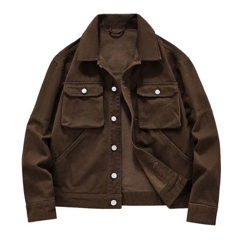 HEARUJOY  -  Men's High-end American Retro Heavy Denim Jacket Spring and Fall New Lapel Loose Single-breasted Cotton Cargo Jacket