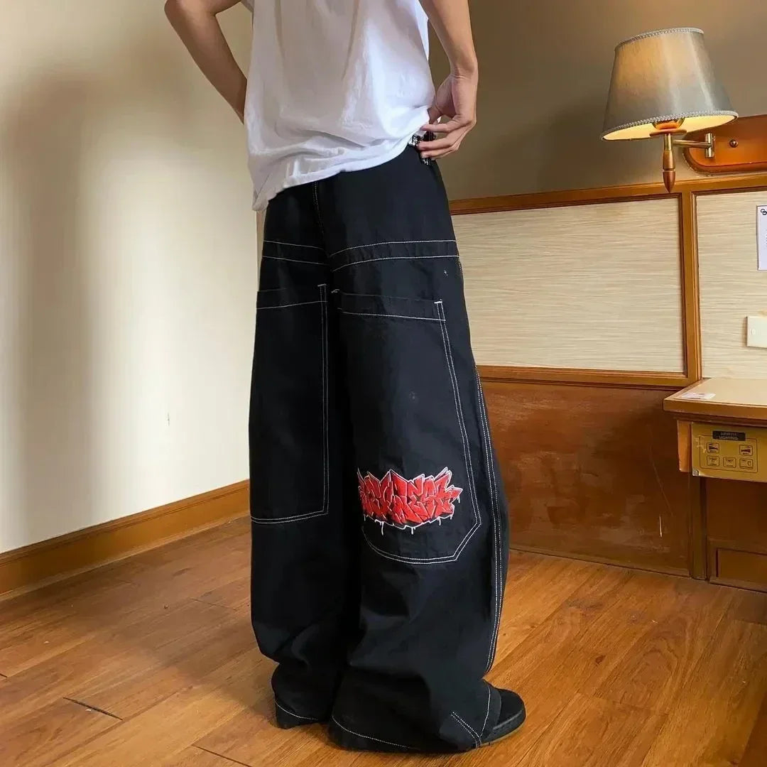 Hearujoy Harajuku simple printed straight jeans y2k hip hop skateboard Cowboy rap new street fashion loose wide leg floor mopping pants