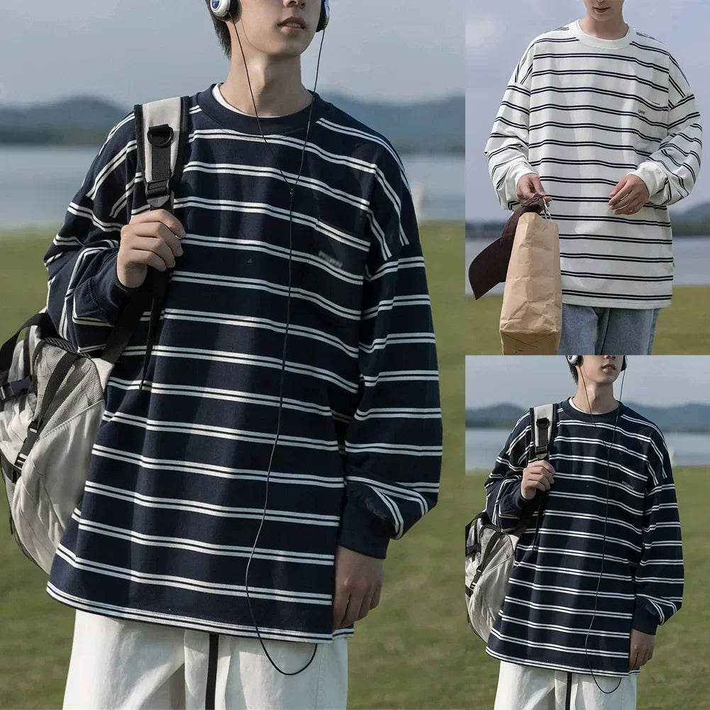 HEARUJOY  -  Casual Stripe Top Korean Style T-shirt Stripe Pattern Brand New Condition For Casual Wear Men Korean Style T-shirt