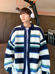 Hearujoy Japanese Vintage Striped Sweater Retro Contrasting Striped Cardigan Sweater Men's Spring Autumn Loose Lazy Style Knitted Jacket