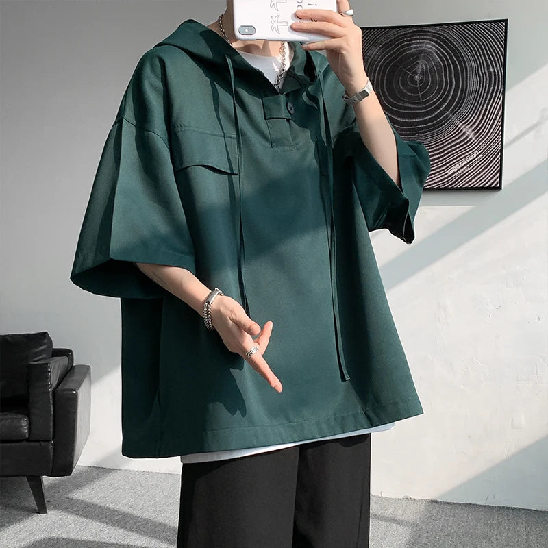 Hearujoy Summer Hooded T shirt Men 2024 fashion Korean Half Sleeve Pullover Streetwear Loose T-shirt Tops Drawstring Men Clothing 5XL-M