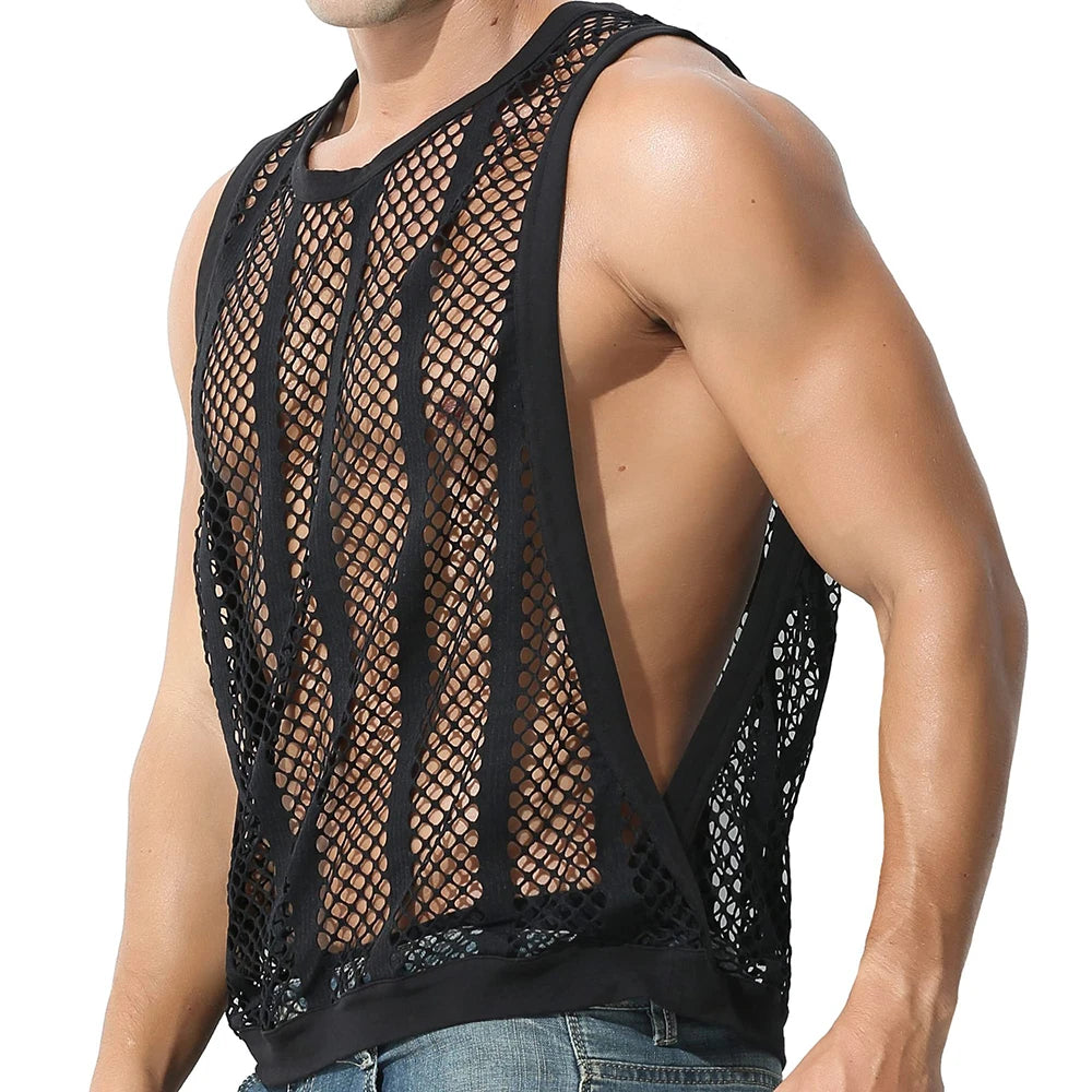 Hearujoy Mens Fitness Vest Sleeveless Nightclub Sexy Mesh Transparent Hollow Vest Casual See-Through Fishnet Muscle T-Shirt Vest