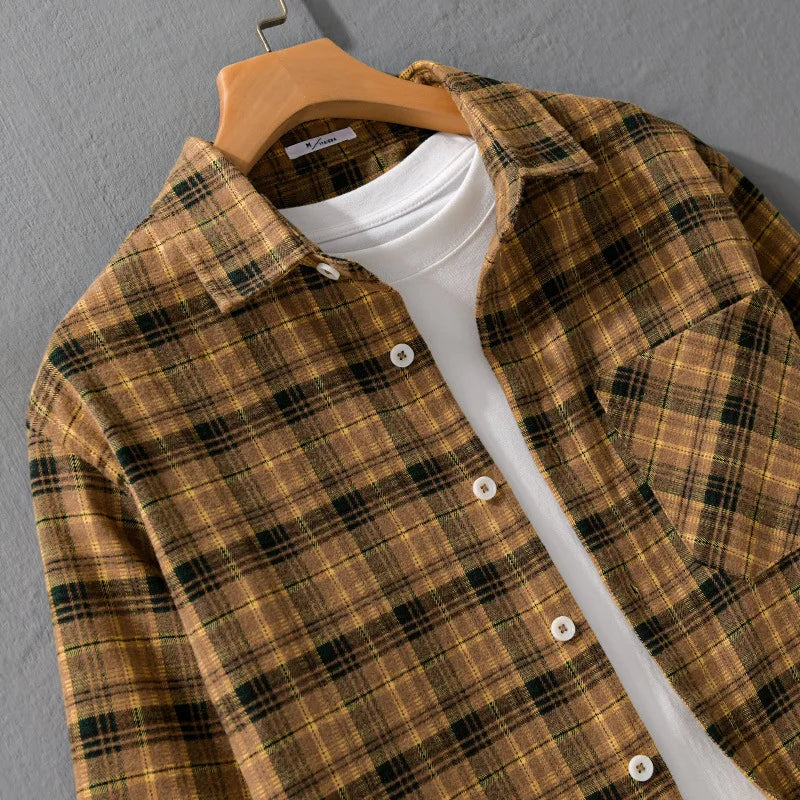HEARUJOY  -  Streetwear Plaid Plus-Size Long Sleeve Shirt for Men Fashion Versatile Literary Casual Loose Brushed Fleece Check Top Jacket