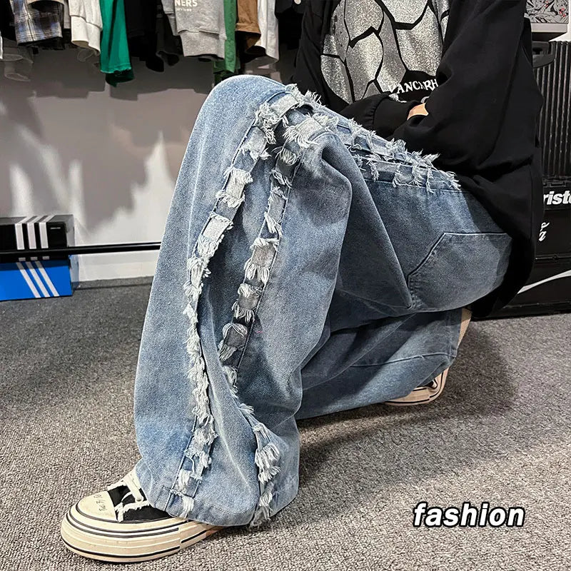 Hearujoy Burrs Jeans Men's Fashion Hiphop High Street Straight Pants Harajuku Loose Casual Streetwear Elastic Waist Denim Trousers