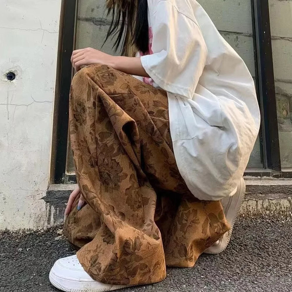 HEARUJOY  -  Men Loose Vintage Casual Jogging Pants Printing Korean Style High Street Trouser Wide Leg Streetwear