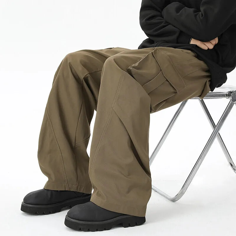 HEARUJOY  -  Pocket Casual Pants Men Retro Black Cargo Pants Men Japanese Streetwear Hip-hop Loose Straight Pants Mens Vintage Trousers