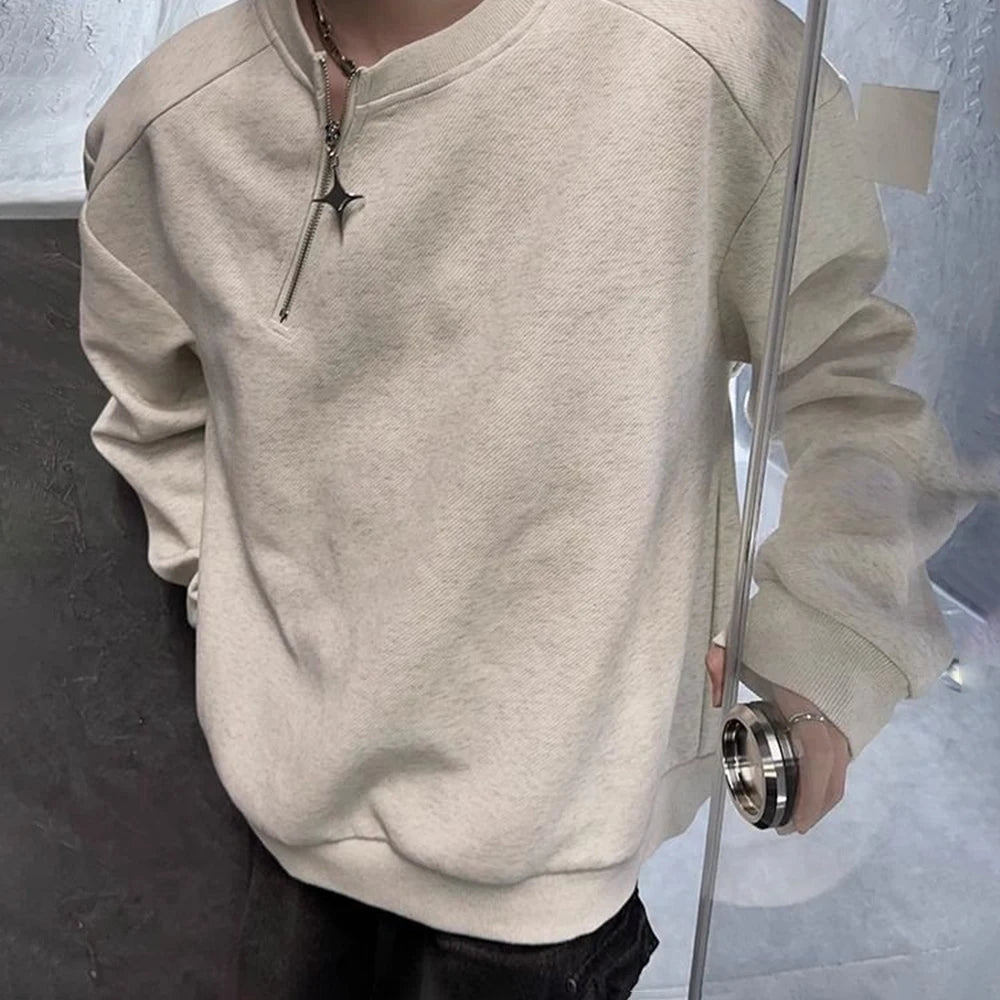 HEARUJOY  -  Men Sweatshirt Side Zip Casual Tshirt Autumn Streetwear Fashion Trend Youth All-Match Daily Long-Sleeved Top Male Men'S Clothing