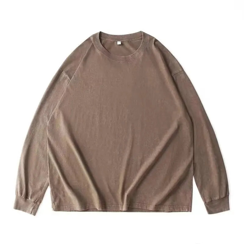 HEARUJOY  -  Long Sleeve Retro Tops Tees Men Oversized Vintage T-Shirts Soild Cotton Shirts Casual Classic T Shirt Male Clothes Streetwear