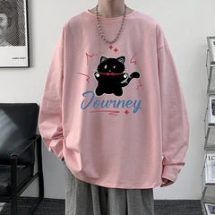 HEARUJOY  -  Men's Plain T-shirts Cotton Full Sleeves 5XL Fashion White Mens Oversized T Shirt Casual Wear Funny Cat Print Tee Shirts for Men