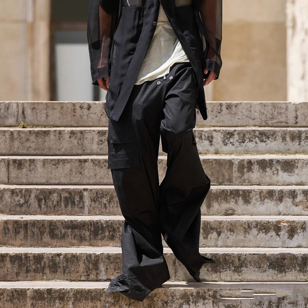 Hearujoy Wide Leg Drawstring Black Cargo Pants Unisex Straight Baggy Casual Overalls Men's Streetwear Loose Oversized Trousers