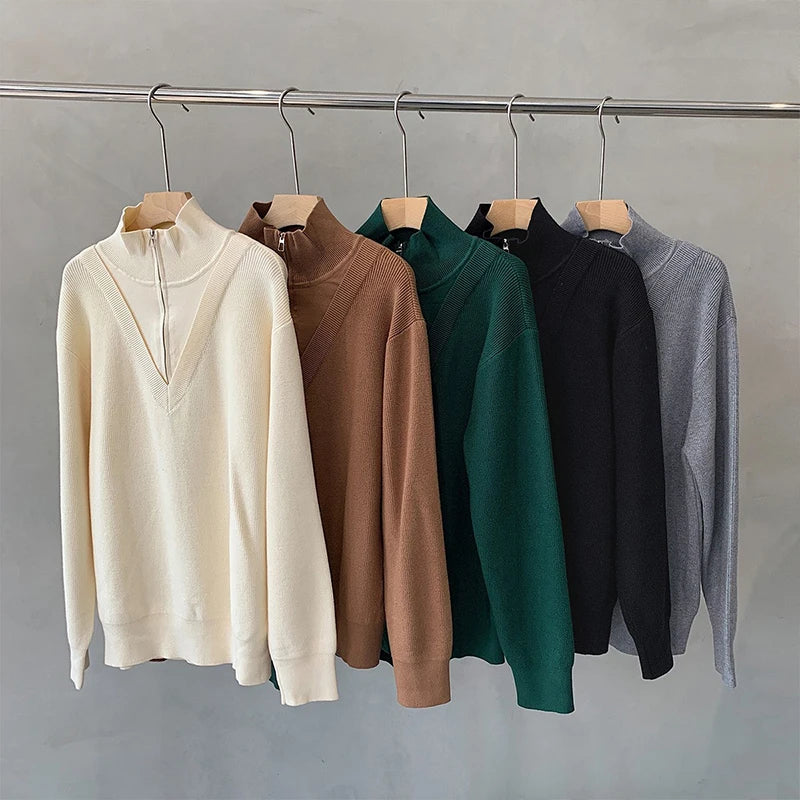 Hearujoy Men's Clothing Luxury Knit Turtleneck Zipper Pullover Sweater Long Sleeve Korean Popular Clothes Leisure Streetwear Knitwear