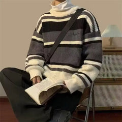HEARUJOY  -  Men's Retro Striped Contrast Thickened Trendy Brand Loose Sweater Jacket
