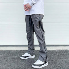 Hearujoy Retro Hip Hop Drawstring Back Zipper Breathable Casual Trousers Mens Straight Solid Color Vibe Style Oversized Track Pants