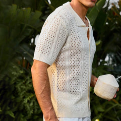 HEARUJOY  -  Summer Men's Retro Solid Color Short-Sleeved Shirt Knitted Hollow Fashion Casual Trend Loose Breathable Seaside Beach Men's Tops