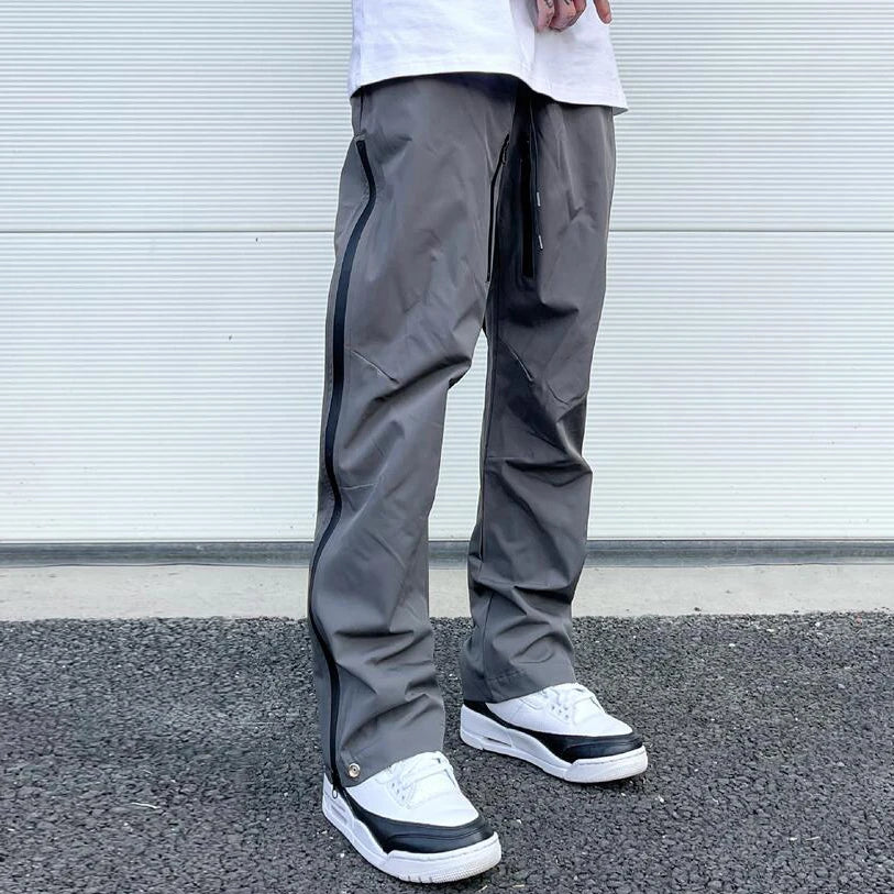 Hearujoy Retro Hip Hop Drawstring Back Zipper Breathable Casual Trousers Mens Straight Solid Color Vibe Style Oversized Track Pants