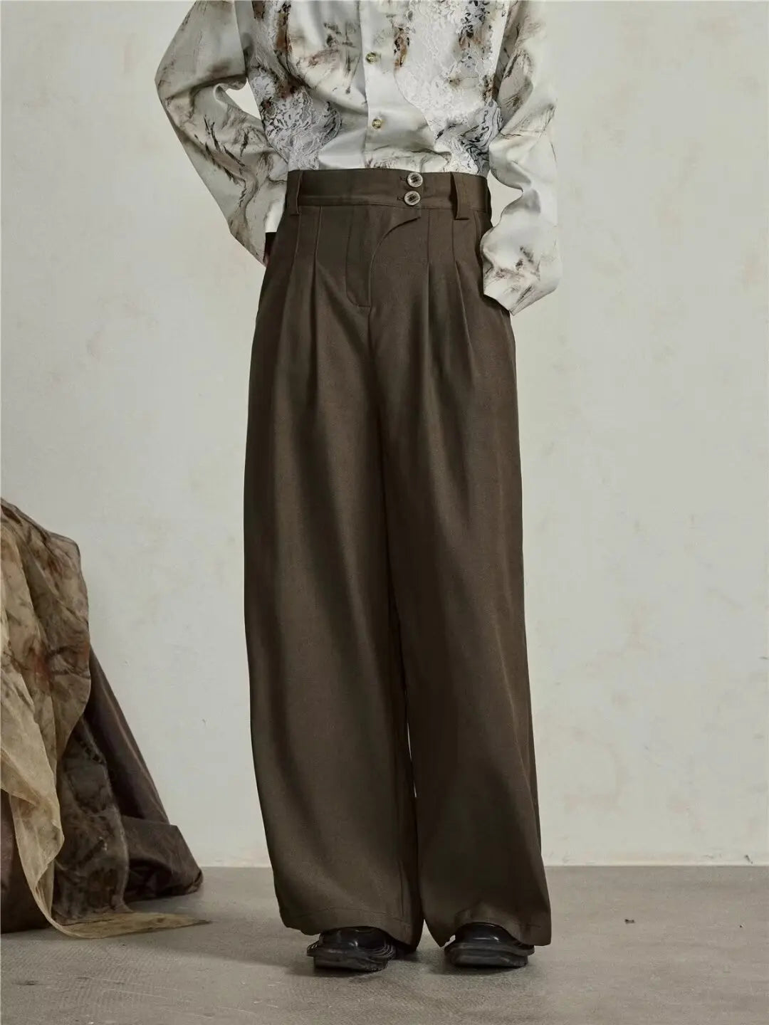 HEARUJOY  -  Mens Wide Leg Pants Retro Simplicity High Waisted Fashion Straight Leg Suit Trousers Button Trend Solid Pantalones Thin