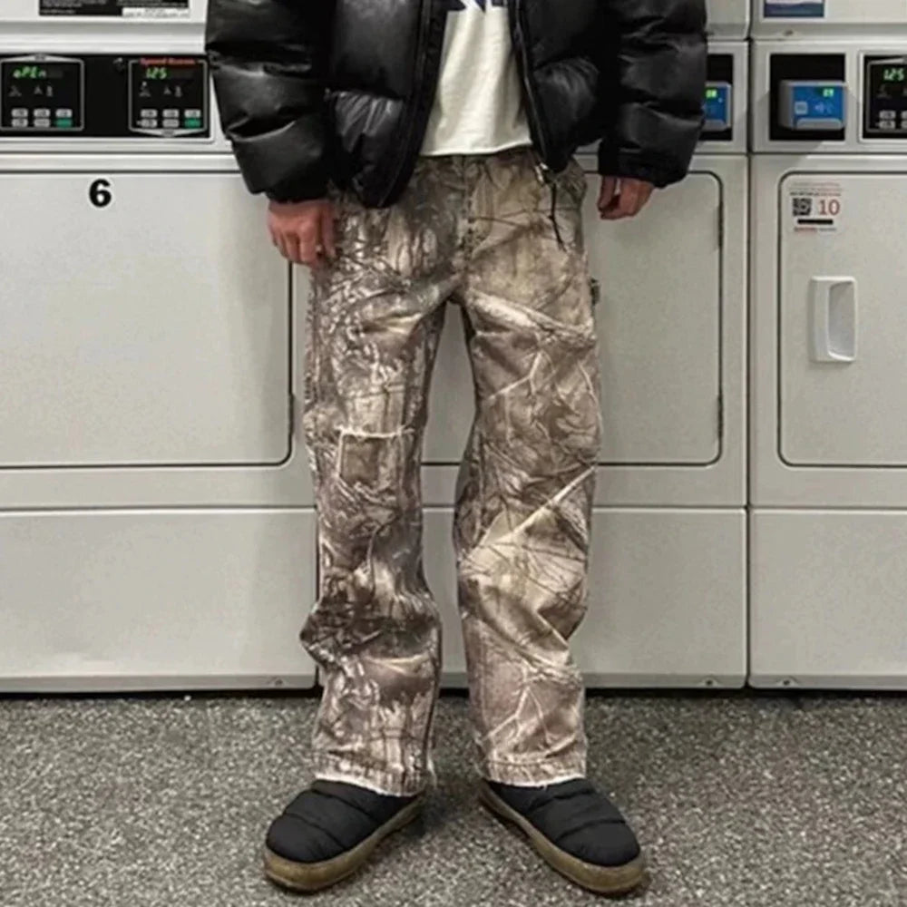 Hearujoy Streetwear Trees Print Camouflage Baggy Jeans for Men and Women Patchwork Washed Casual Denim Trouses Oversized Loose Cargos