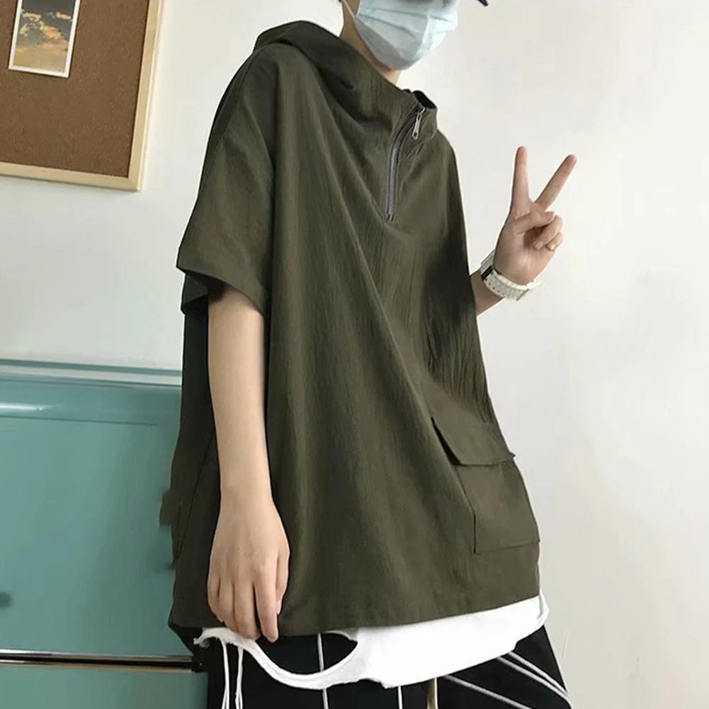 HEARUJOY  -  Pullover Men Tops Hoodie Loose Pocket Polyester Casual Harajuku Hip Hop Hooded Short Sleeve Solid Color Sweatshirt