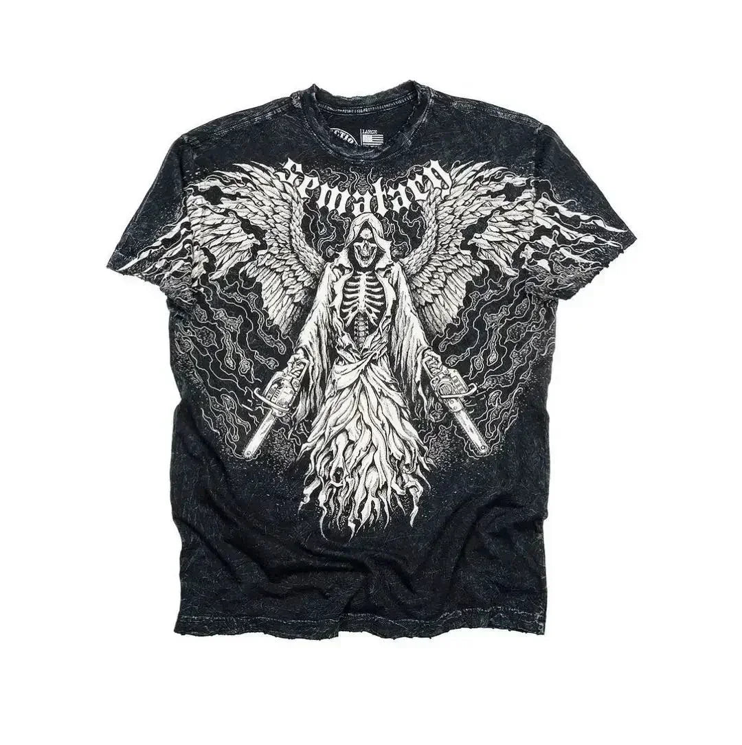 Hearujoy American New Double-Sided Oversized Printed T-shirt Y2K Retro Gothic Pure Cotton Short Sleeve Men Street Hip-Hop Trend Loose Top