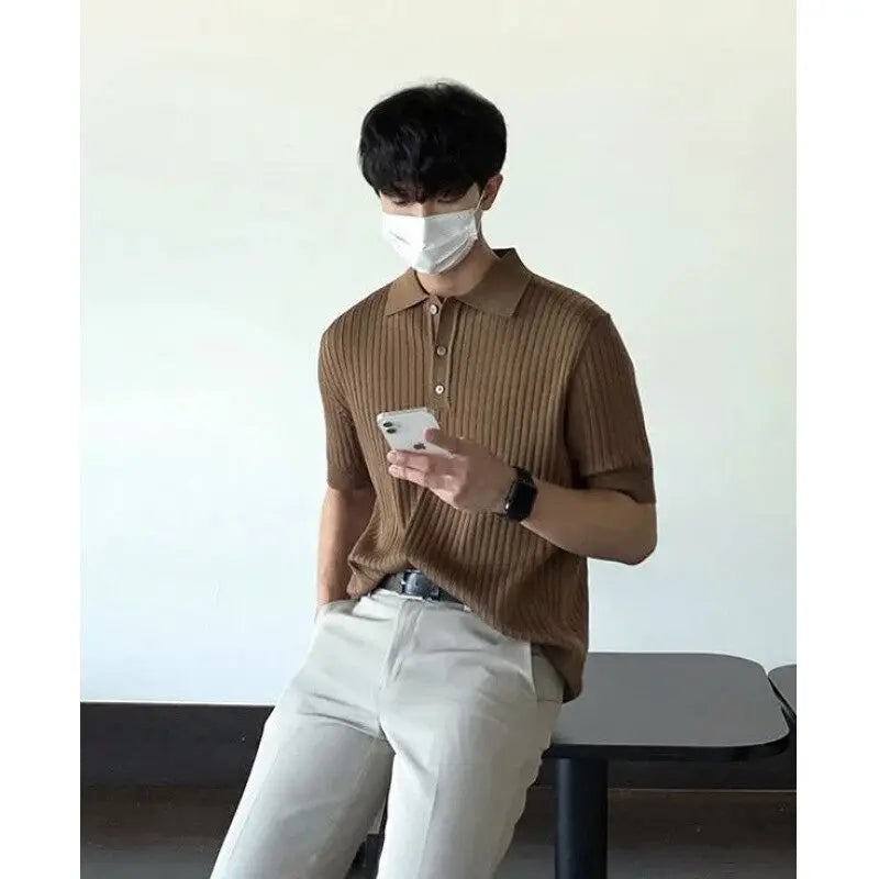 HEARUJOY  -  Summer Short Sleeved T-shirt Men Slim Fit Fashion Casual Knitted T Shirt Men Streetwear Korean White Lapel T Shirt Mens Top