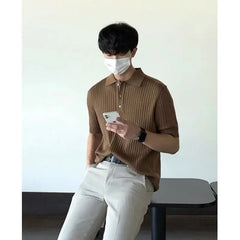 HEARUJOY  -  Summer Short Sleeved T-shirt Men Slim Fit Fashion Casual Knitted T Shirt Men Streetwear Korean White Lapel T Shirt Mens Top