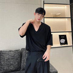 Hearujoy Korean Streetwear For Men Fashion Summer Male Casual T-shirt Men Solid Color V-neck Short Sleeve Tees men clothing