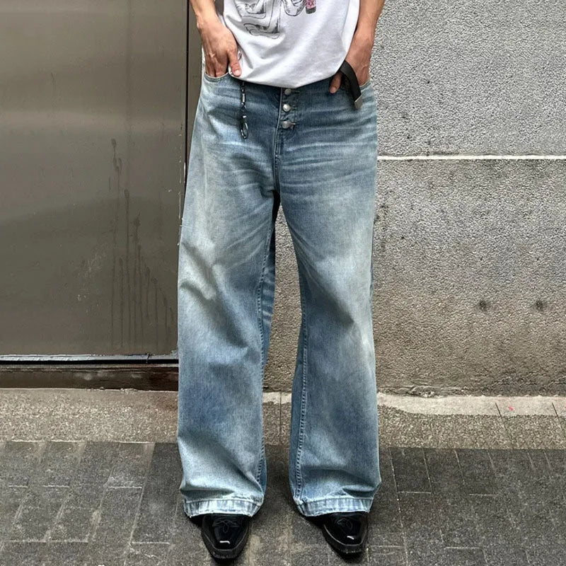 Hearujoy High Street Men's Denim Pants Loose Washing Bottun Design Straight Wide Leg Malwe Casual Jeans Autumn Simple 9C6709