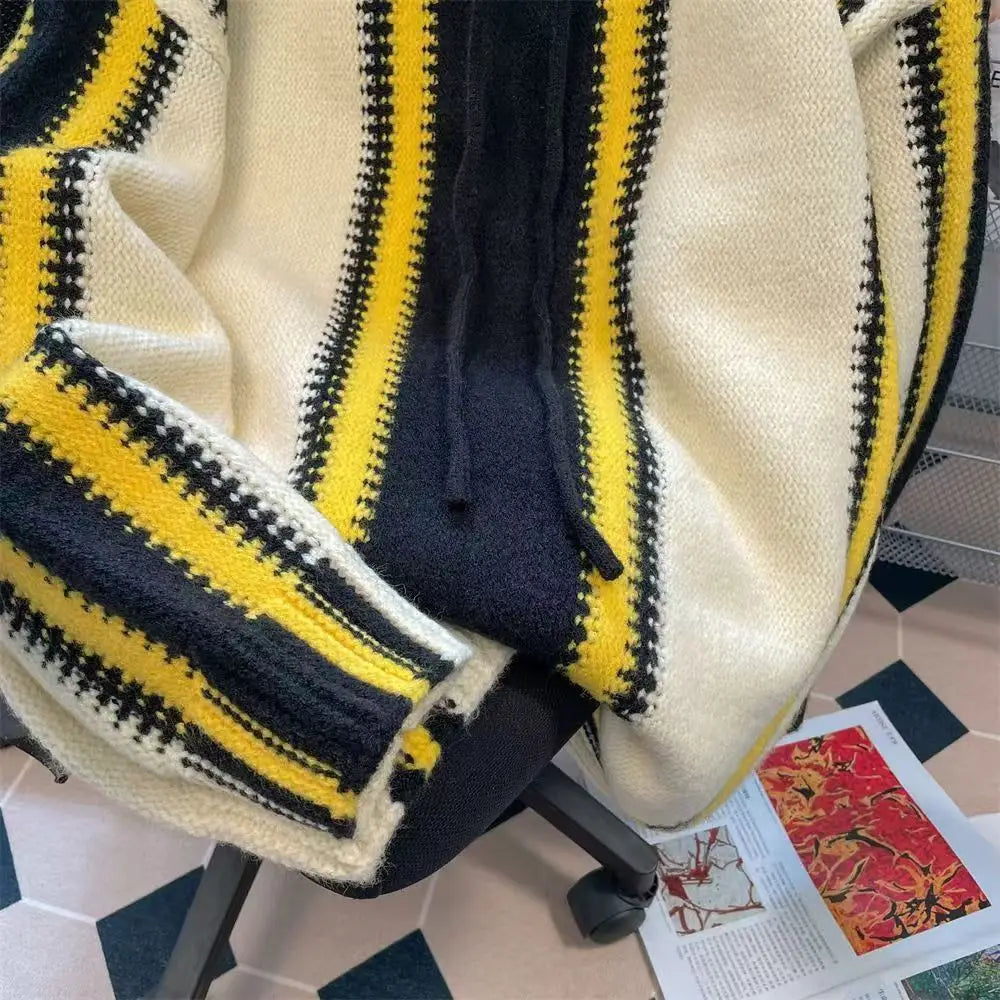 HEARUJOY  -  American Vintage Patchwork Striped Knitting Hoodie Men Autumn Winter Fashion Loose Hooded Sweatshirt High Street Sweater Warm