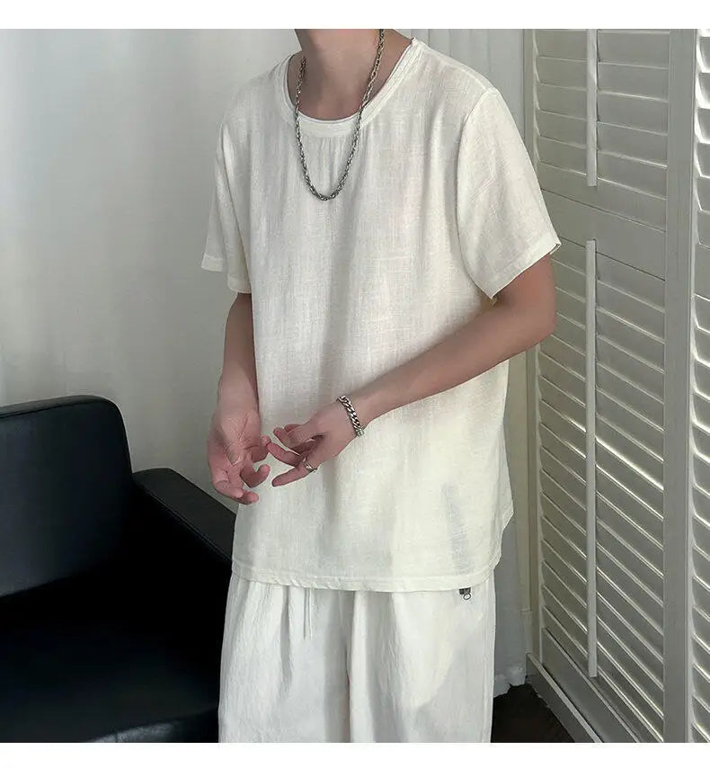 HEARUJOY  -  Korean Style Men's T-shirts Round Collar Short Sleeved Solid Color Mensweae New Summer Pullover Loose Male Tees