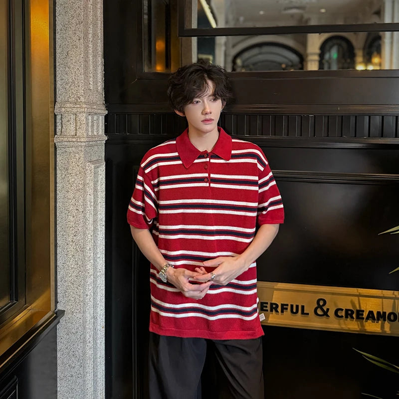 HEARUJOY  -  Trendy Men's Contrast Color Striped Buttons Design Loose T-shirt Fashion Casual Lapel Short Sleeves Tops Male Summer
