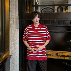 HEARUJOY  -  Trendy Men's Contrast Color Striped Buttons Design Loose T-shirt Fashion Casual Lapel Short Sleeves Tops Male Summer