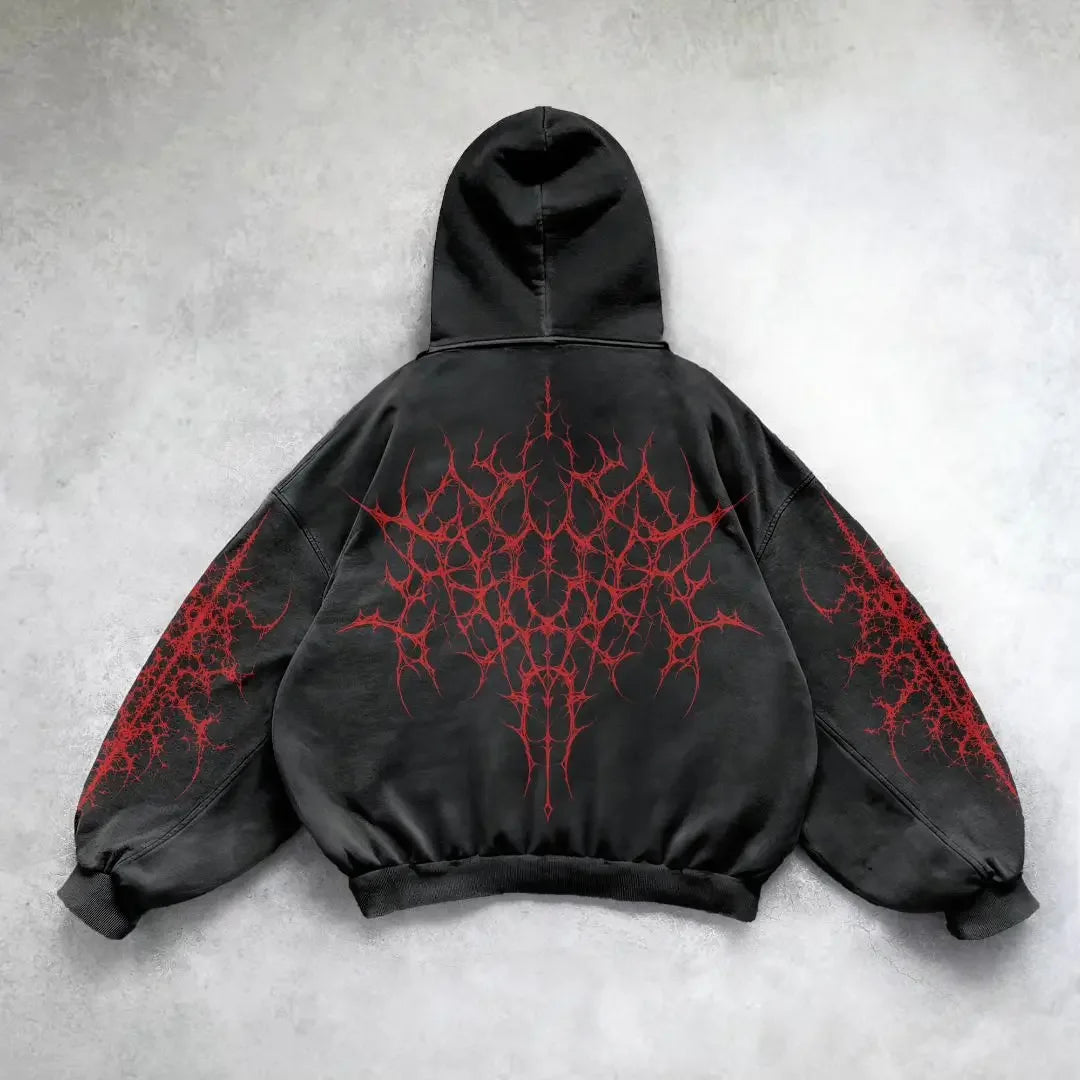 Hearujoy Gothic Retro Oversized Graphic Print Black Hoodies Loose Harajuku Long Sleeved Pullover Y2k Hoodie Men and Women Sweatshirt Tops