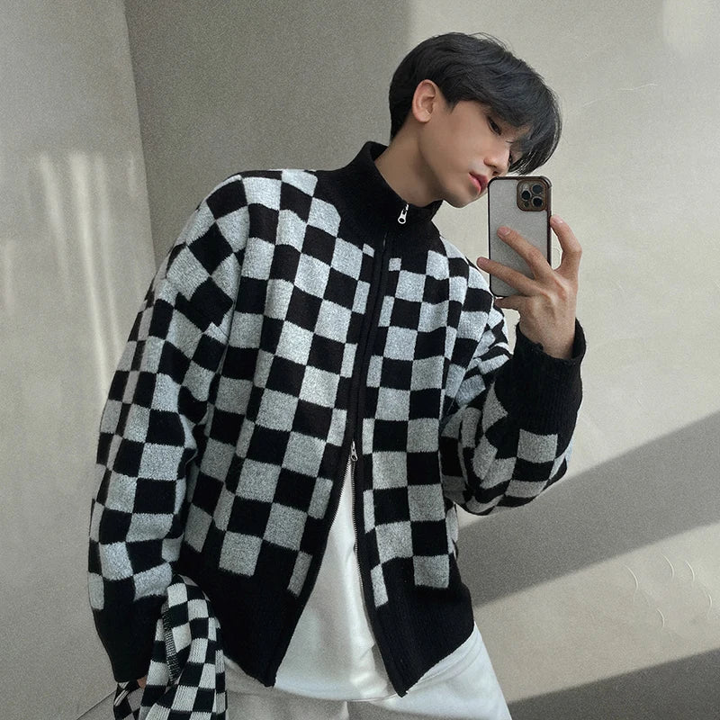 Hearujoy Autumn winter Autumn Men Clothing Koean Casual Collar Plaid Knitted Cardigan Streetwear Loose Zipper Knitted Cardigan Coat