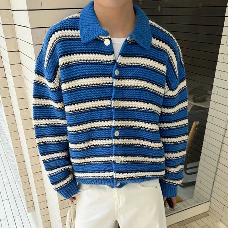 HEARUJOY  -  Vintage Striped Crochet Mens Sweater Jackets Casual Button-up Turn-down Collar Knit Cardigans Men Spring Autumn Fashion Sweaters