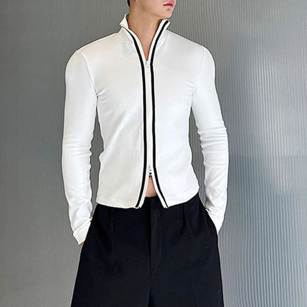 HEARUJOY  -  Men T-Shirt Slim Fit Contrast Color Two-Way Zipper T-Shirt Streetwear Personality Fashion Casual Long-Sleeve Tops Men'S Clothing