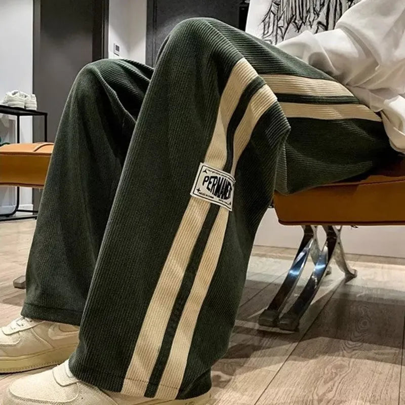 HEARUJOY  -  Side Striped Corduroy Wide-Leg Pant Men Korean Fashion Hip Hop Cargo Pant Loose Casual Straight Sports Outdoor Running Pant