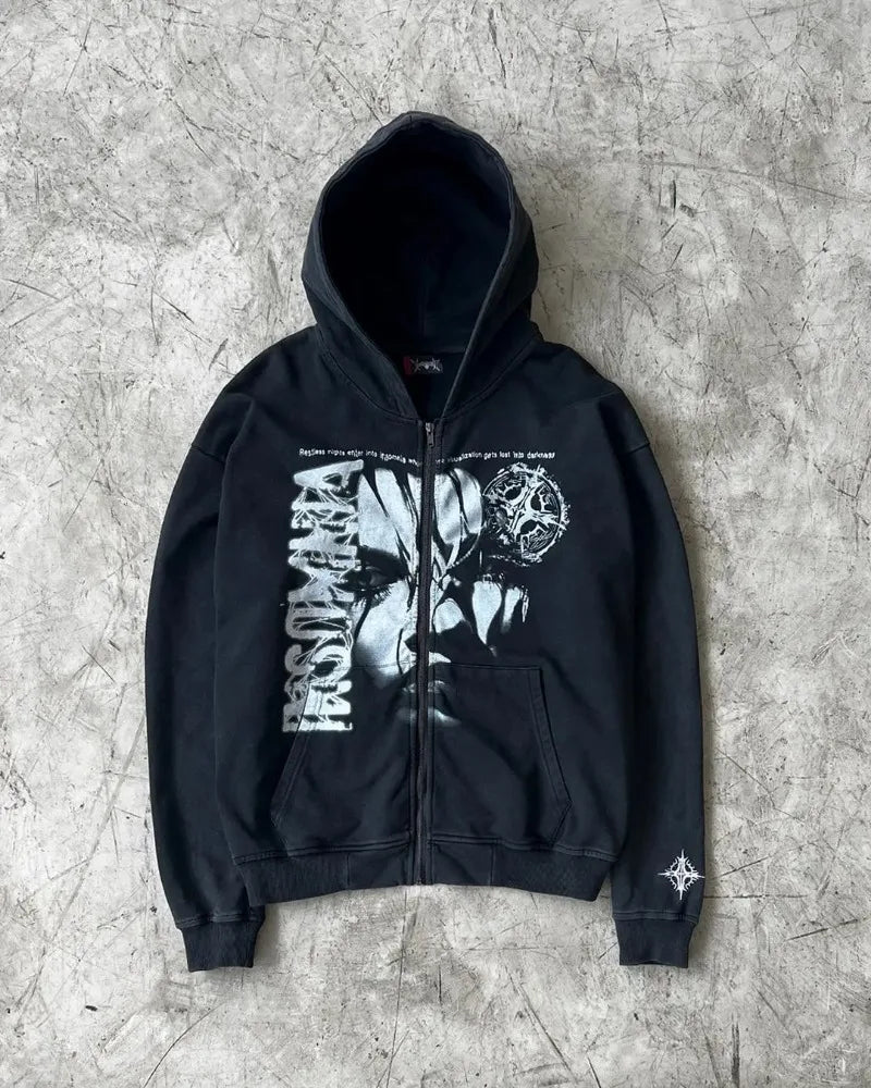 Hearujoy Gothic hip-hop letter print design oversized hoodie women's y2k vintage high street popular lazy style zipper baggy sweatshirts