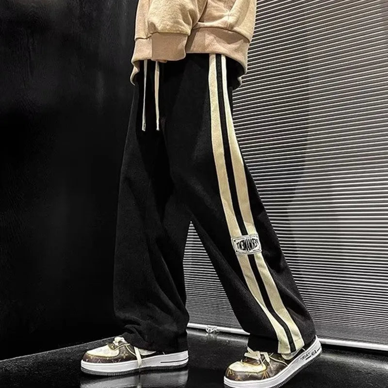HEARUJOY  -  Side Striped Corduroy Wide-Leg Pant Men Korean Fashion Hip Hop Cargo Pant Loose Casual Straight Sports Outdoor Running Pant