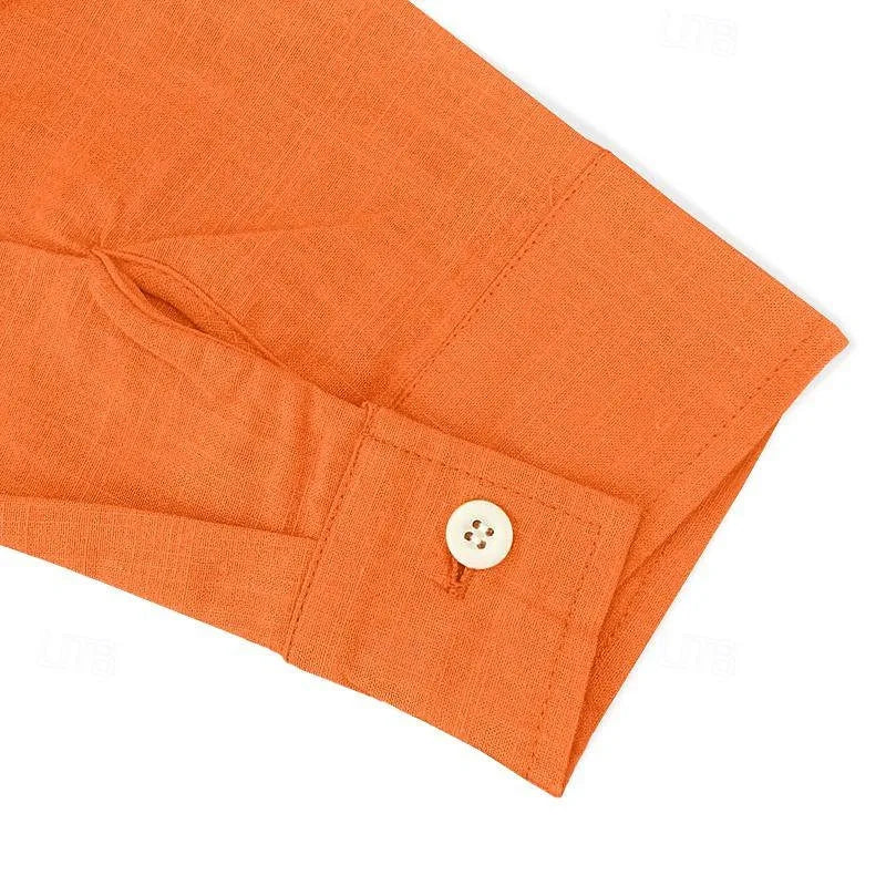 HEARUJOY  -  Men's Spring and Autumn Lapel Rope Cotton Linen Shirt Solid Color Long Sleeve Youth Breathable Casual Shirt