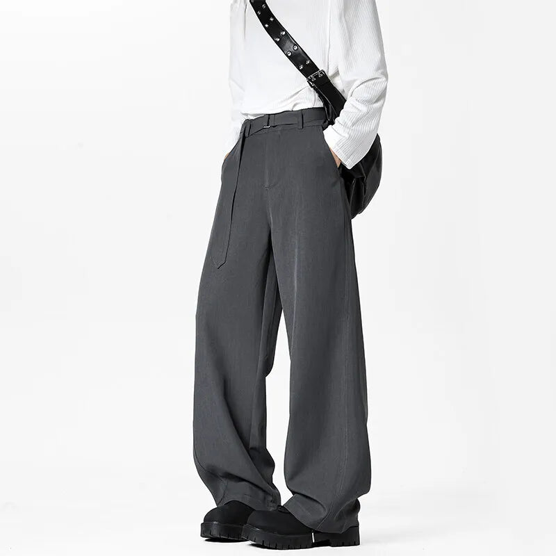 HEARUJOY  -  Grey Belt Suit Pants Men Fashion Society Mens Black Dress Pants Korean Loose Wide Leg Pants Mens Office Formal Trousers M-3XL