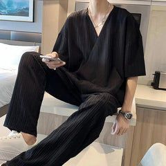 HEARUJOY  -  Korean Style Fashion Ice Silk Sports Suit Men's Large Size V-neck Short-sleeved T-shirt Trousers British Handsome Two-piece Set