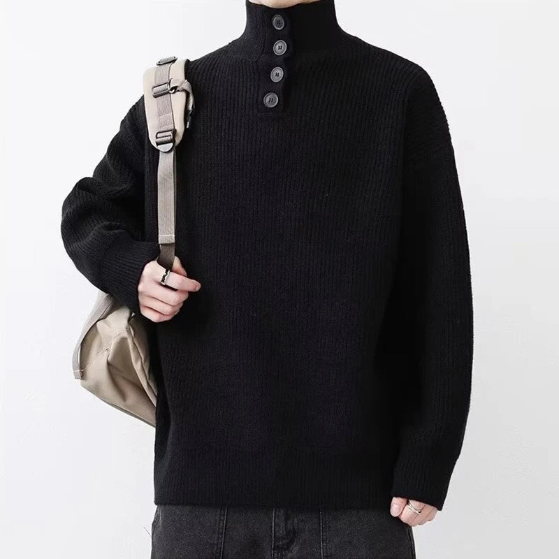 HEARUJOY  -  Fall Winter Daily Casual Men's Sweater Stylish Striped Crochet Knitted Pullover Men Fashion Turtleneck Buttoned Sweaters