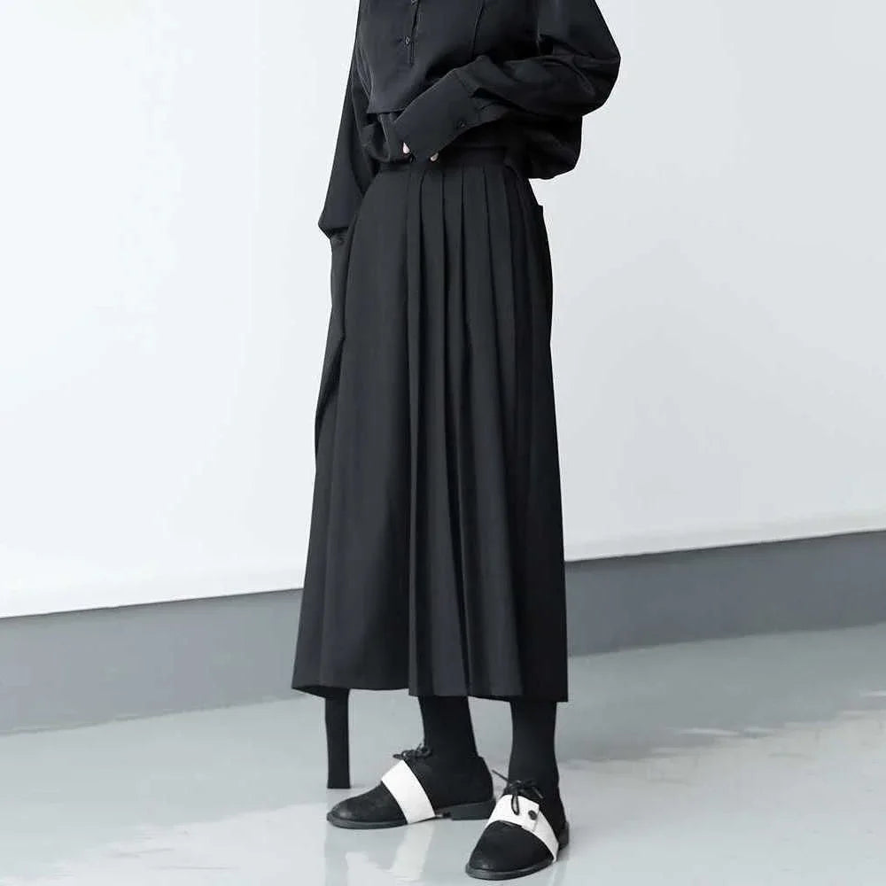 Hearujoy Double-layer Pleated Dark Loose Nine-point Wide-leg Pants Unisex Versatile High-waisted Tight-waisted Straight Culottes