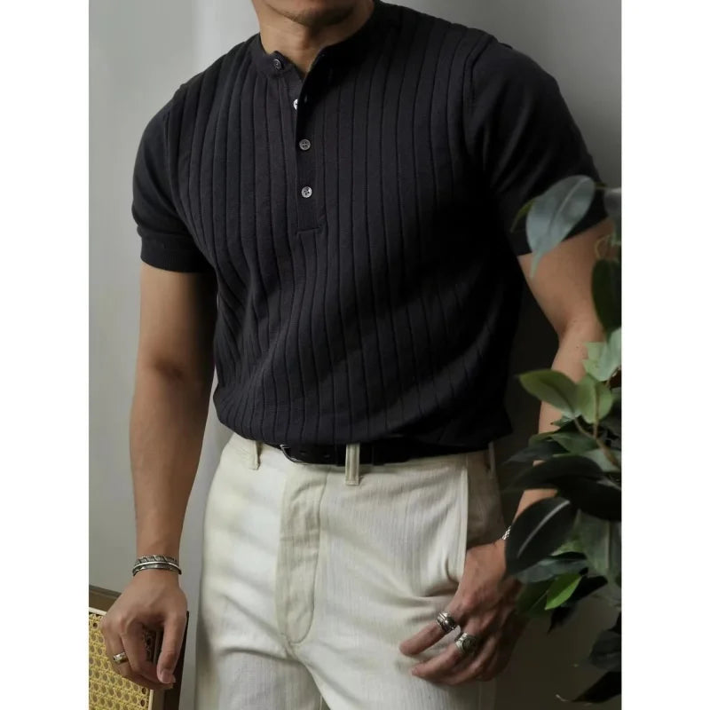 HEARUJOY  -  Summer Men Solid Zipper Knitted Polo Shirt Streetwear Fashion Male Clothes Lapel Slim Basic Business Casual Short Sleeve Tops