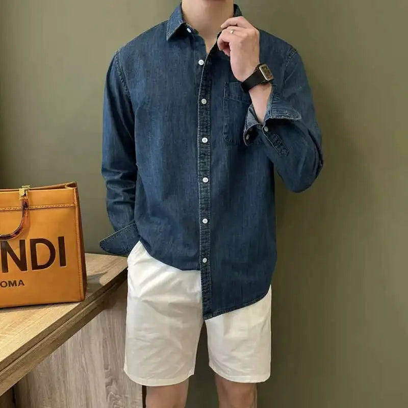 HEARUJOY  -  Lapel Collar Cotton Blend Denim Shirt Long Sleeve Shirt Retro Shirt British Versatile Casual Shirt Man Camisa Social Masculina